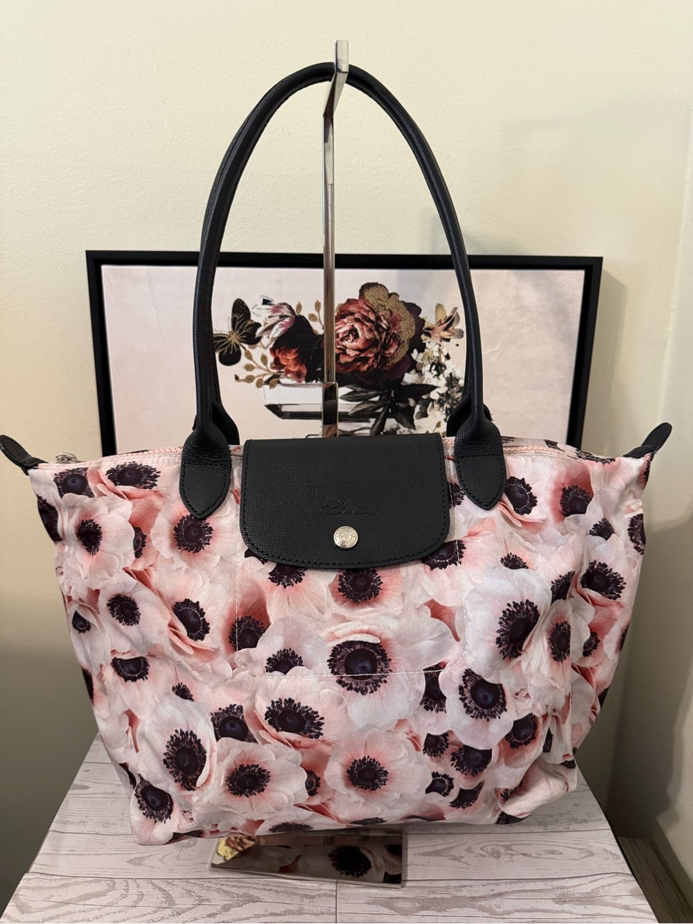 Longchamp Le Pliage Floral Tote Pink Nylon Bag